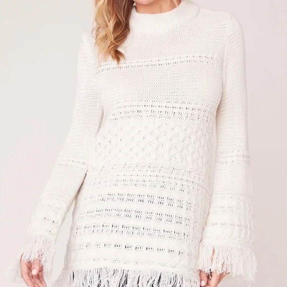 BB Dakota Heart Over Head Cable Knit Fringe Sweater in Oatmeal - Size S - Picture 1 of 10